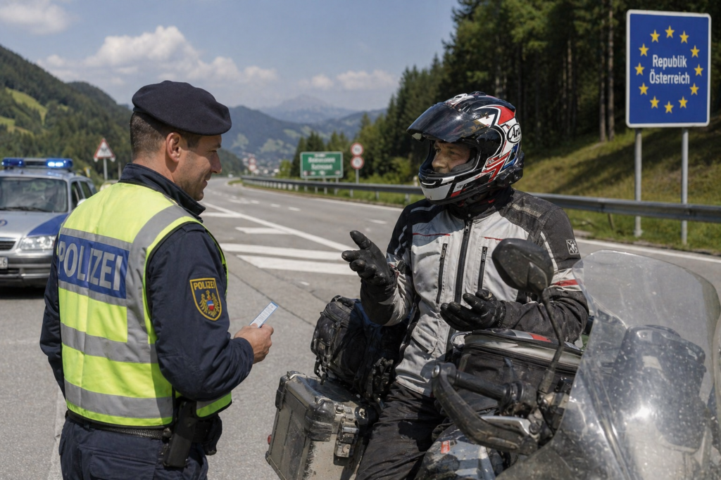 Motorcyclist showing documents to traffic police during highway check India